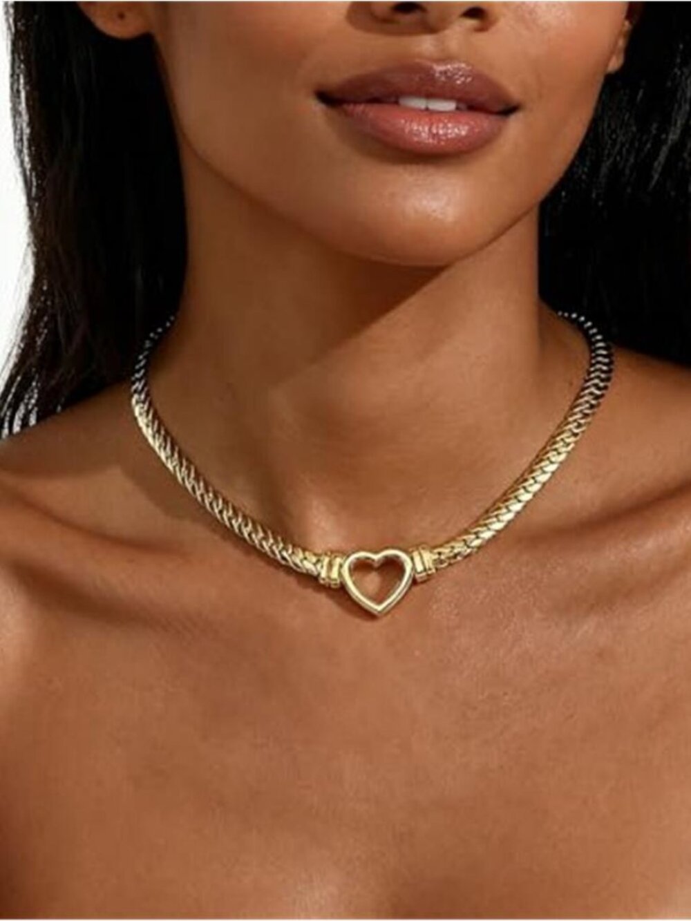 Gold Tone Heart Choker Necklace Stainless Steel Cuban Link Hollow Heart